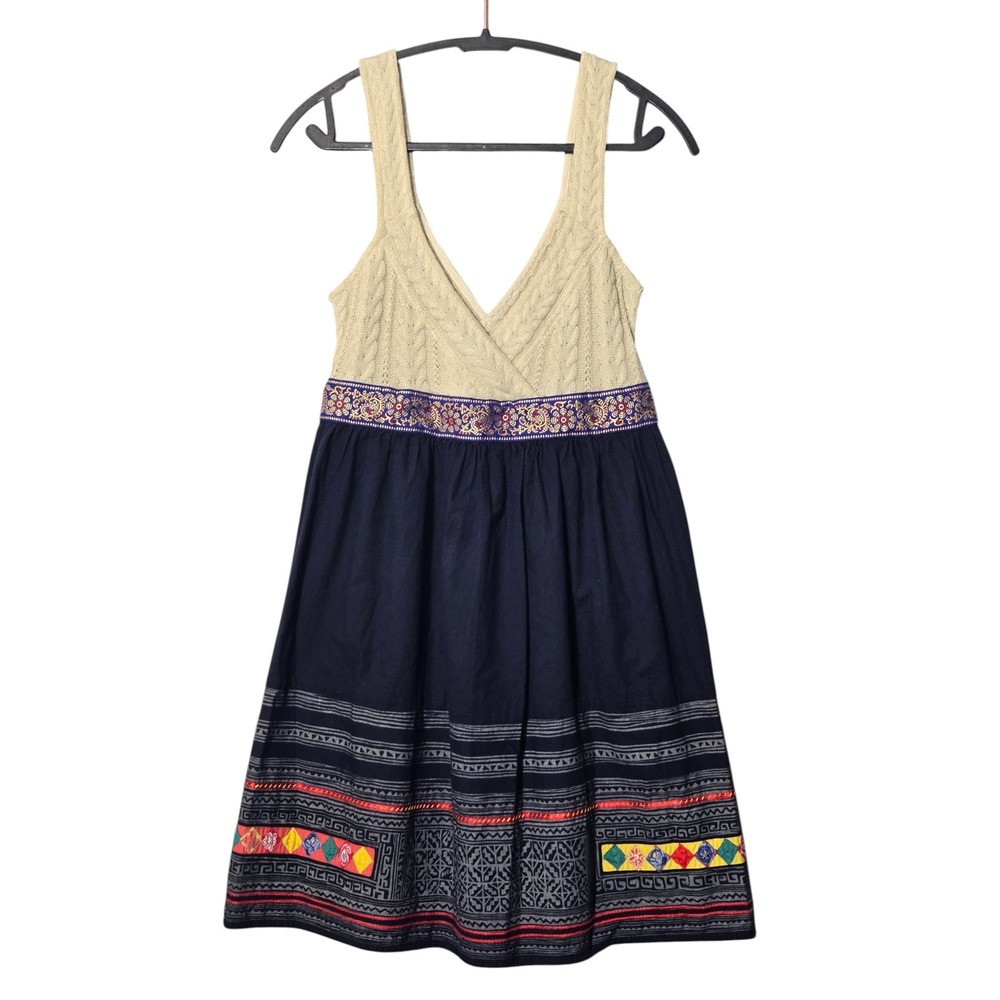 VTG Free People Cable Knit Embroidered Dress 8 Navy Wool Blend Y2K Boho Vintage